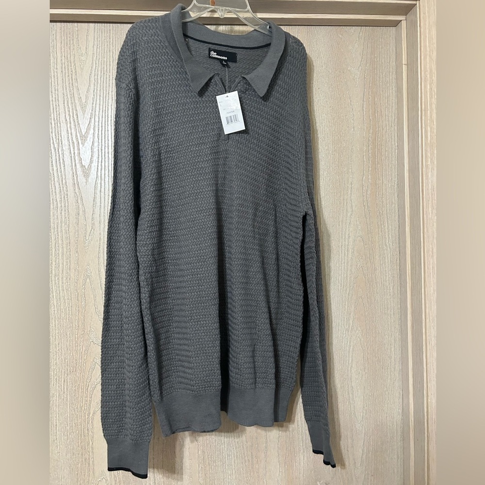 NWT The Commons Mens Pewter Gray Cotton Cashmere Textured 1/4 Zip Polo Sweater L